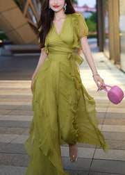 New Green V Neck Ruffled Chiffon Long Dresses Summer