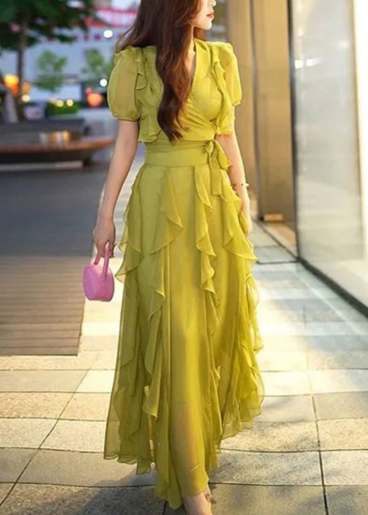 New Green V Neck Ruffled Chiffon Long Dresses Summer