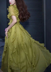 New Green V Neck Ruffled Chiffon Long Dresses Summer