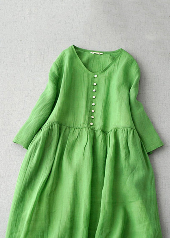 New Green V Neck Solid Linen Long Dress Bracelet Sleeve