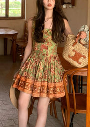 New Green Wrinkled Print Cotton Spaghetti Strap Dress Summer