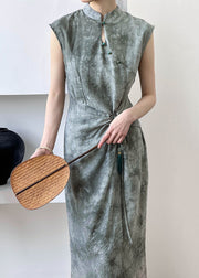 New Grey Button Lace Up Silk Cotton Long Dress Summer