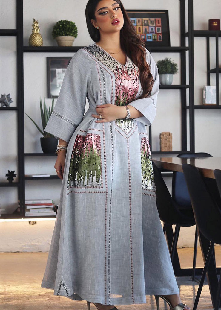 New Grey Ethnic Style Sequined Embroidered V Neck Long Dress