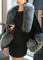 New Grey Fur Collar Pockets Patchwork Leather And Fur Coats Winter