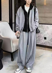 New Grey Hooded False Two Pieces Cotton Men Two Pieces Set Fall