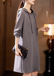 New Grey Hooded Pockets Patchwork Cotton Dresses Fall