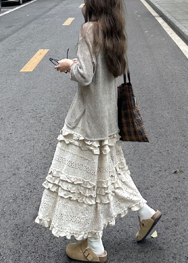 New Grey Knit Tops And Beige Ruffled Skirts Two Piece Set Spring