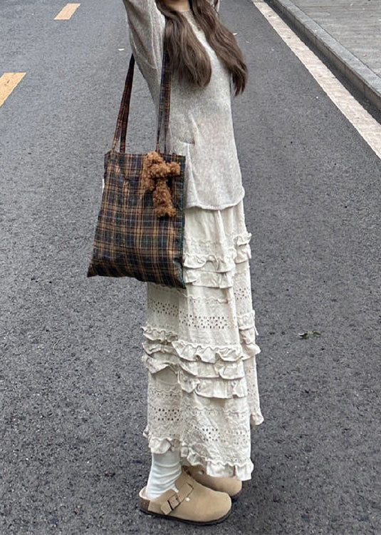 New Grey Knit Tops And Beige Ruffled Skirts Two Piece Set Spring