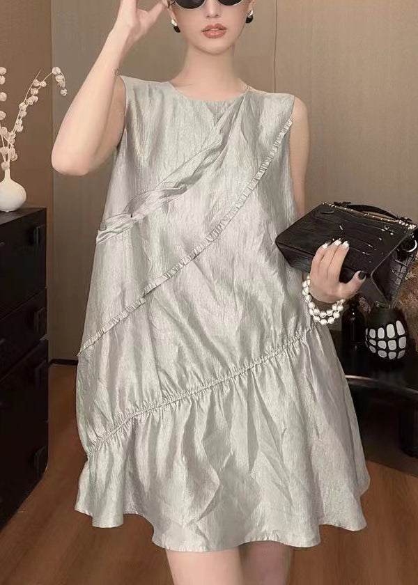 New Grey O Neck Solid Cotton Mid Dress Sleeveless