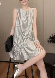 New Grey O Neck Solid Cotton Mid Dress Sleeveless