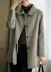 New Grey Peter Pan Collar Button Patchwork Woolen Coat Fall