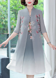 New Grey Print False Two Pieces Chiffon Dress Summer