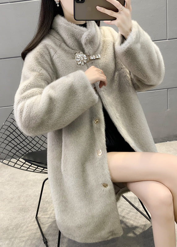 New Grey Stand Button Zircon Collar Mink Velvet Coats Winter