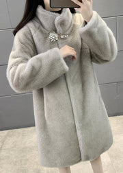 New Grey Stand Button Zircon Collar Mink Velvet Coats Winter