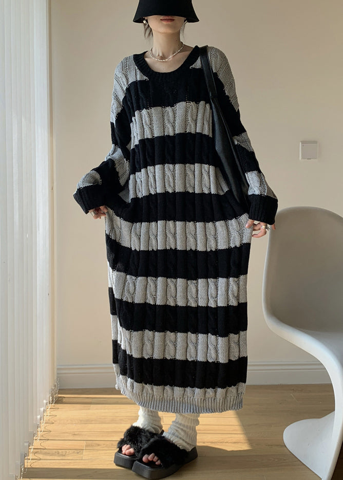 New Grey Striped O Neck Cotton Knit Knitwear Dress Winter