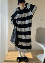 New Grey Striped O Neck Cotton Knit Knitwear Dress Winter