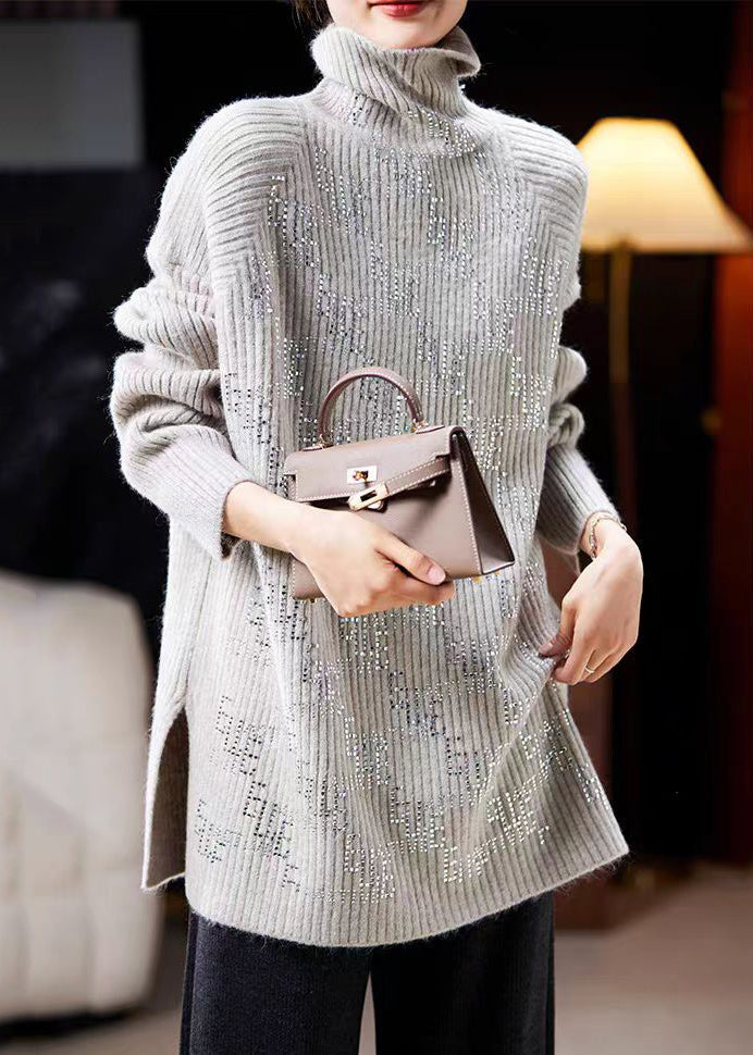 New Grey Turtleneck Zircon Side Open Knit Sweaters Long Sleeve