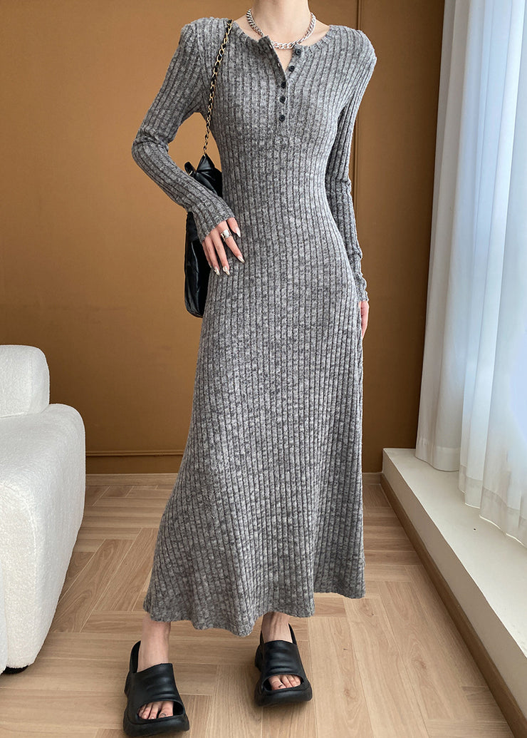 New Grey V Neck Button Cotton Knit Sweater Dress Long Sleeve