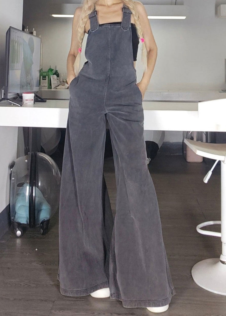 New Grey Zippered Pockets Denim Jumpsuit Sleeveless