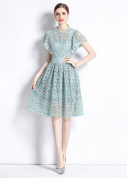 New Hollow Out Embroideried Wrinkled Patchwork Lace Mid Dress Butterfly Sleeve