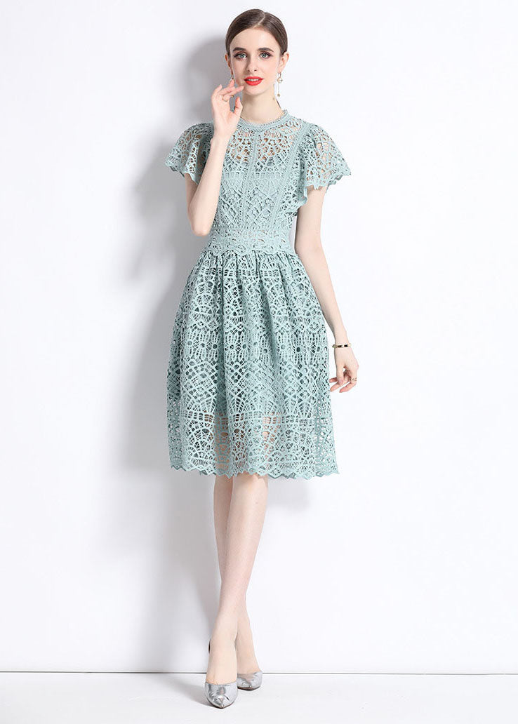 New Hollow Out Embroideried Wrinkled Patchwork Lace Mid Dress Butterfly Sleeve