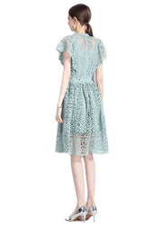 New Hollow Out Embroideried Wrinkled Patchwork Lace Mid Dress Butterfly Sleeve