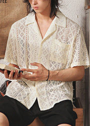 New Japanese Breathable Hollow Lace Cuban Collar Short Sleeved Shirt Men