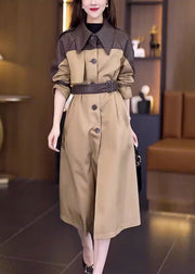 New Khaki Button Tie Waist Patchwork Cotton Long Trench Coat Fall