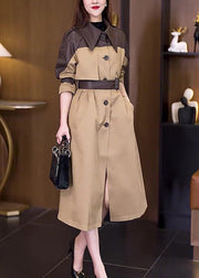 New Khaki Button Tie Waist Patchwork Cotton Long Trench Coat Fall