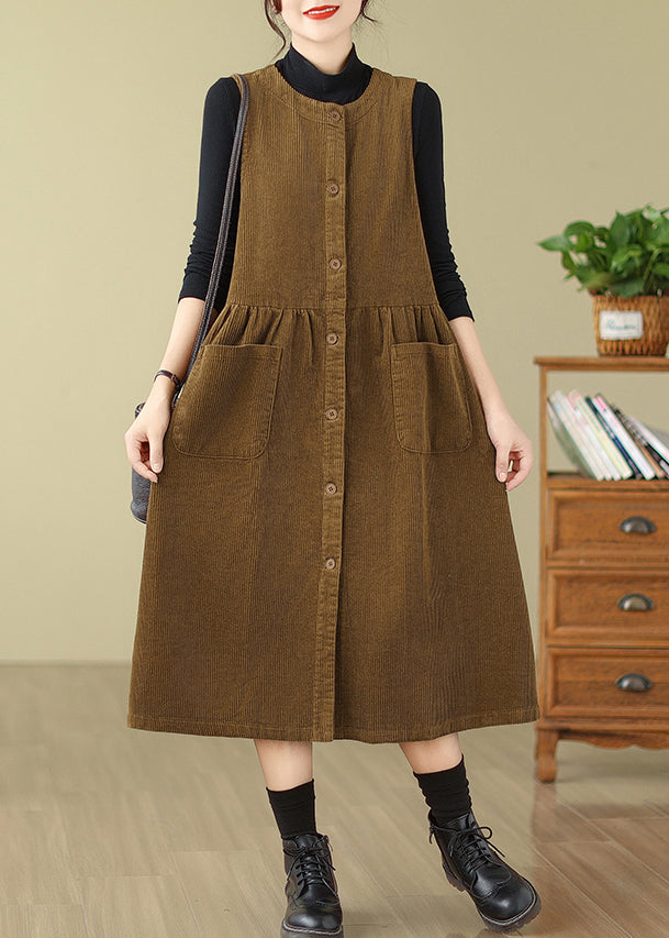 New Khaki Button Wrinkled Corduroy Waistcoat Dress Sleeveless