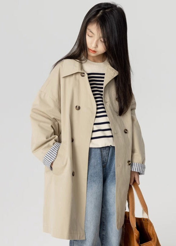 New Khaki Double Breast Pockets Cotton Girls Trench Spring