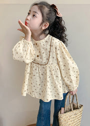 New Khaki O-Neck Print Cotton Girls Shirt Long Sleeve