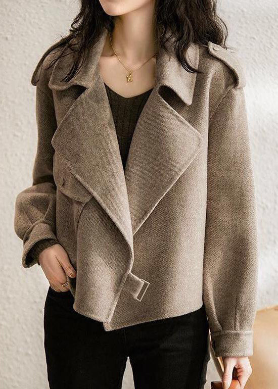 New Khaki Peter Pan Collar Pockets Woolen Coat Long Sleeve