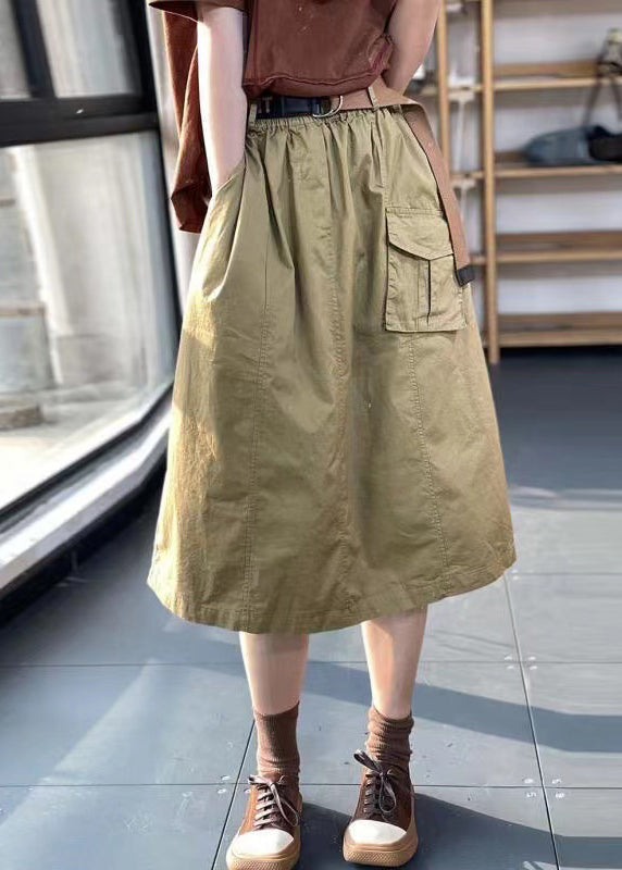 New Khaki Pockets Elastic Waist Cotton Skirt Summer