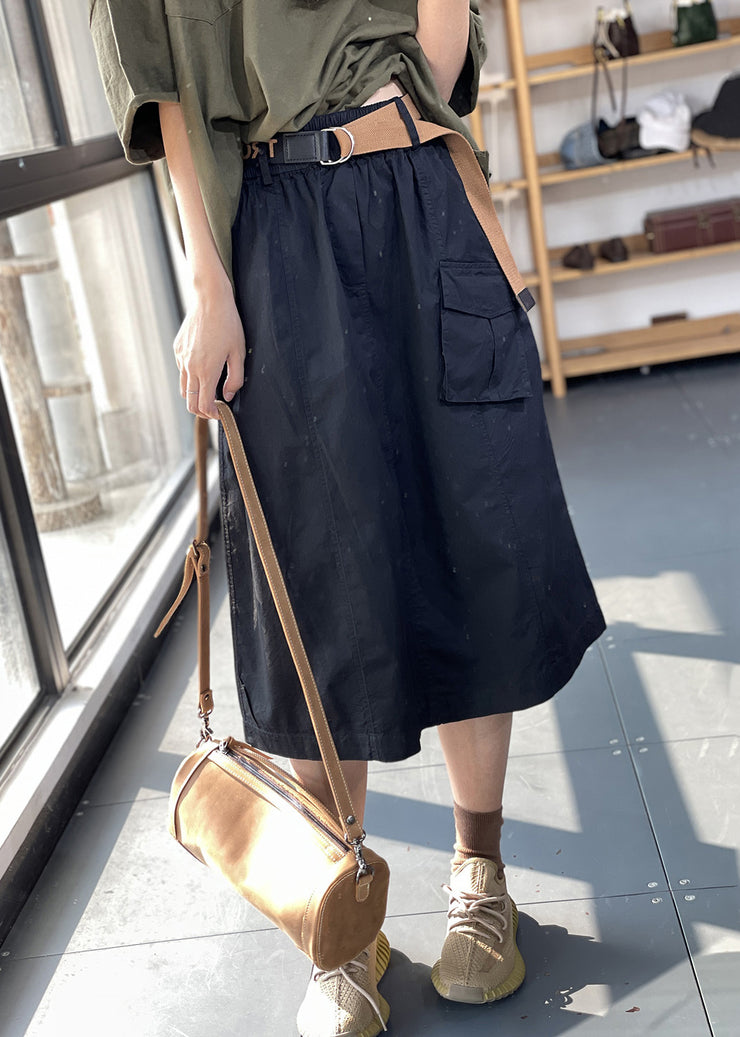 New Khaki Pockets Elastic Waist Cotton Skirt Summer