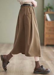 New Khaki Pockets Elastic Waist Woolen Skirts Spring