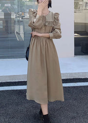 New Khaki Ruffled Button Cotton Long Dresses Spring