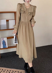 New Khaki Ruffled Button Cotton Long Dresses Spring