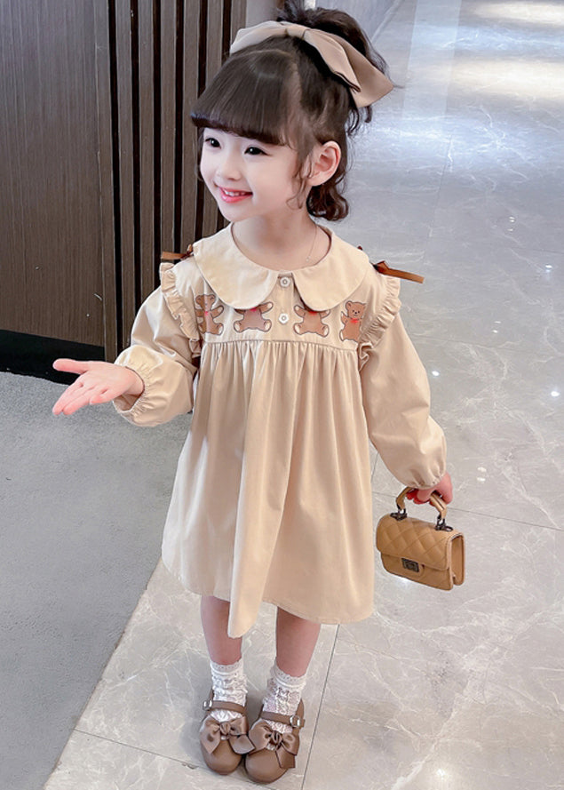 New Khaki Ruffled Print Cotton Girls Dresses Long Sleeve