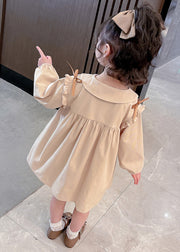 New Khaki Ruffled Print Cotton Girls Dresses Long Sleeve