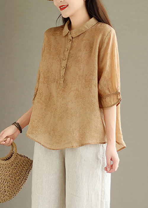 New Khaki Solid Button Print Linen Shirt Summer