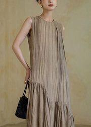 New Khaki Solid Wrinkled Patchwork Cotton Long Dresses Sleeveless