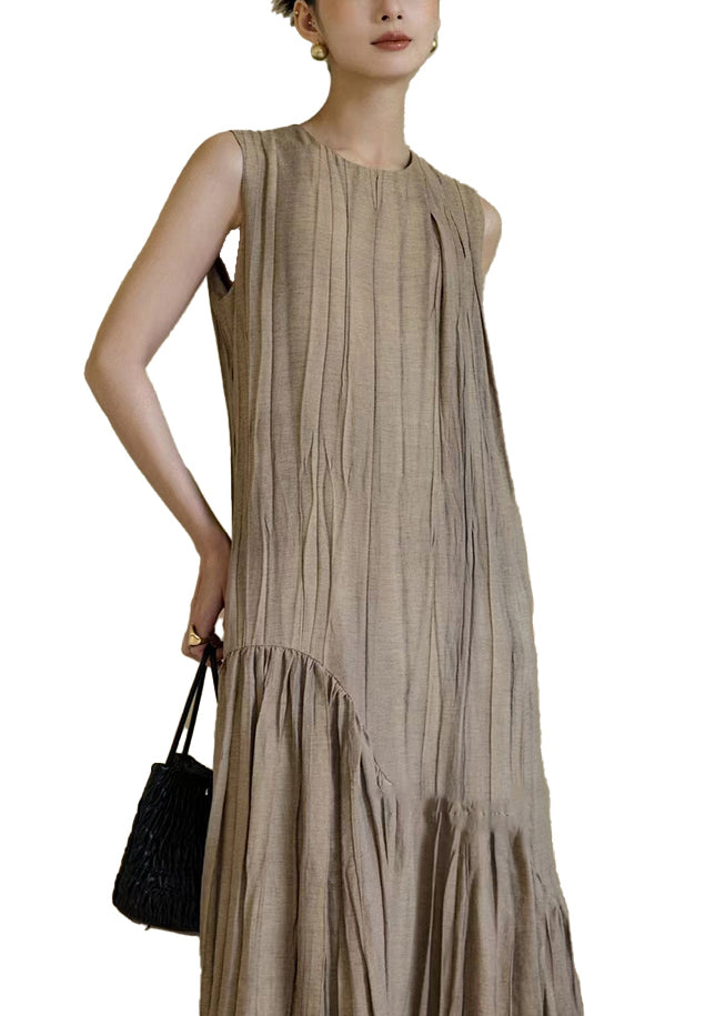 New Khaki Solid Wrinkled Patchwork Cotton Long Dresses Sleeveless