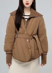 New Khaki Stand Collar Tie Waist  Patchwork Duck Down Down Coat Winter