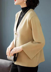 New Khaki V Neck Embroideried Patchwork Wool Coats Fall