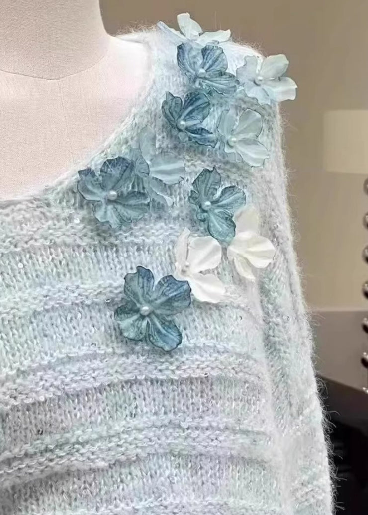 New Light Blue Cold Shoulder Floral Knit Sweaters Winter