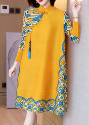 New Light Camel Button Tasseled Print Cotton Dress Spring