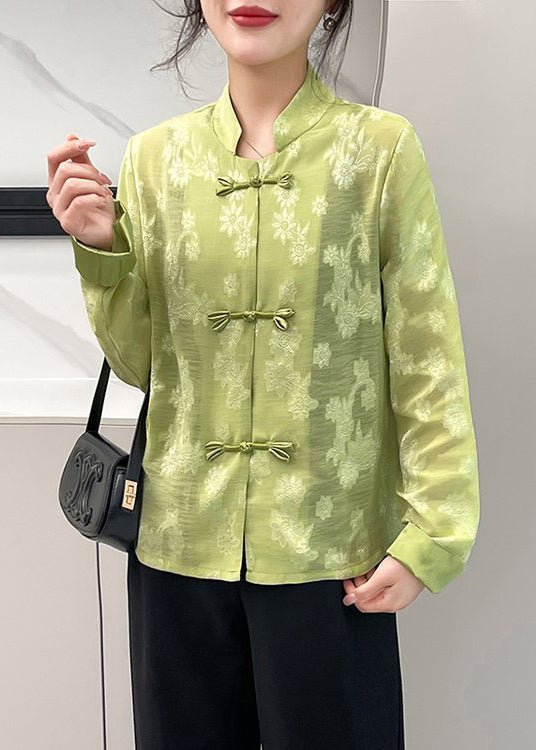 New Light Green Chinese Button Patchwork Blouse Top Fall