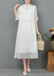 New Light Green Stand Collar Embroidered Linen Dress Half Sleeve