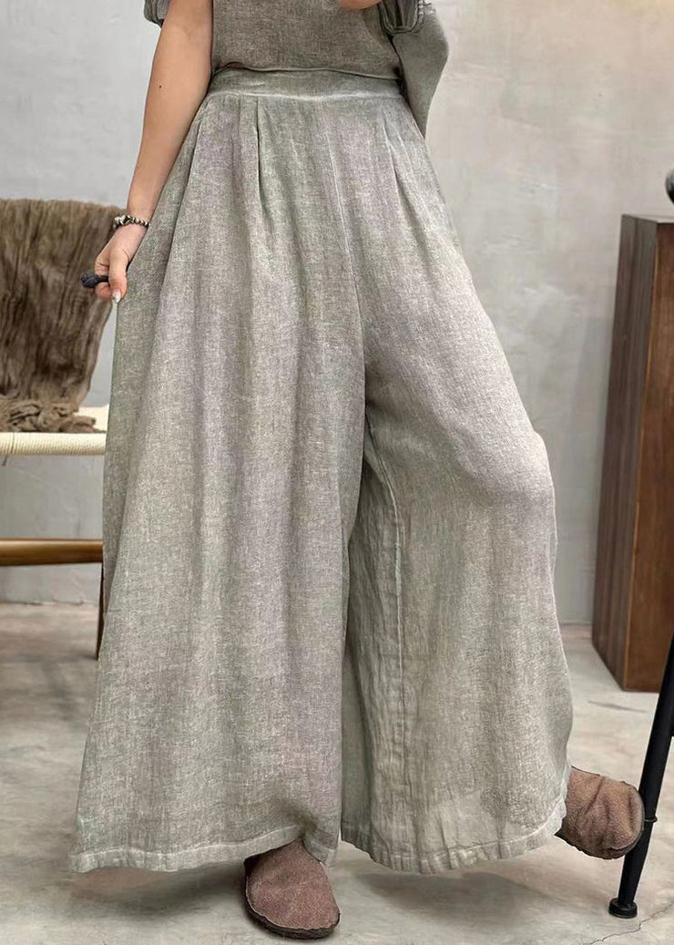 New Light Grey Pockets Elastic Waist Cotton Crop Pants Summer